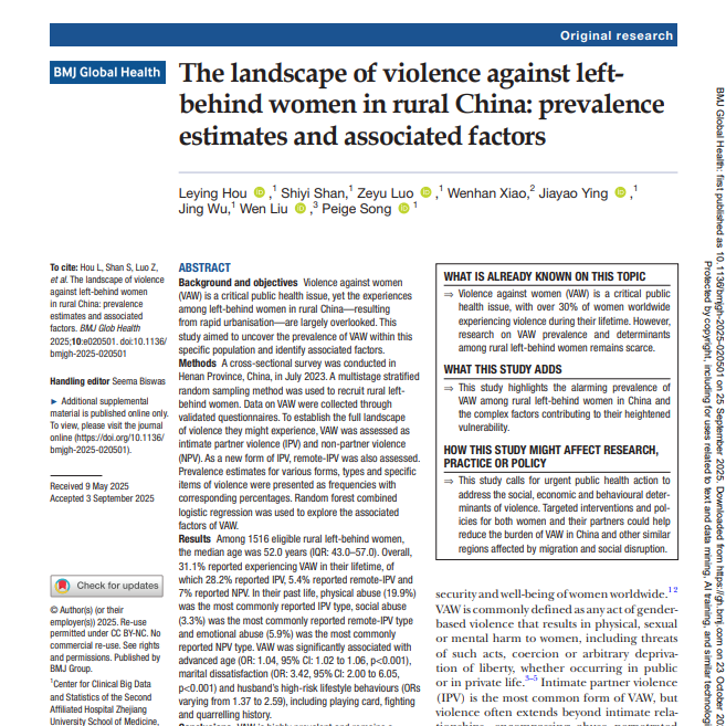 The landscape of violence against left-behind women in rural China: prevalence estimates and associated factors